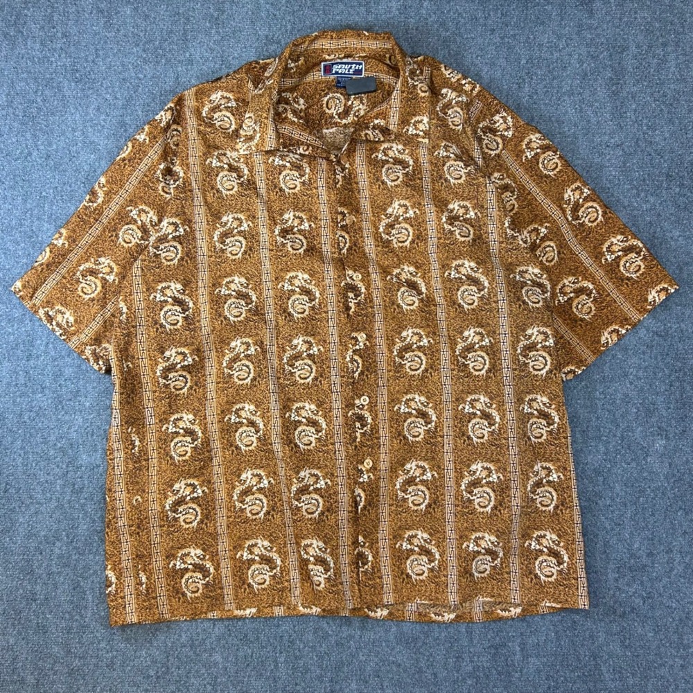 Southpole Vintage Y2K Dragon Greek Key Print Button Down Shirt Brown XXL Mens